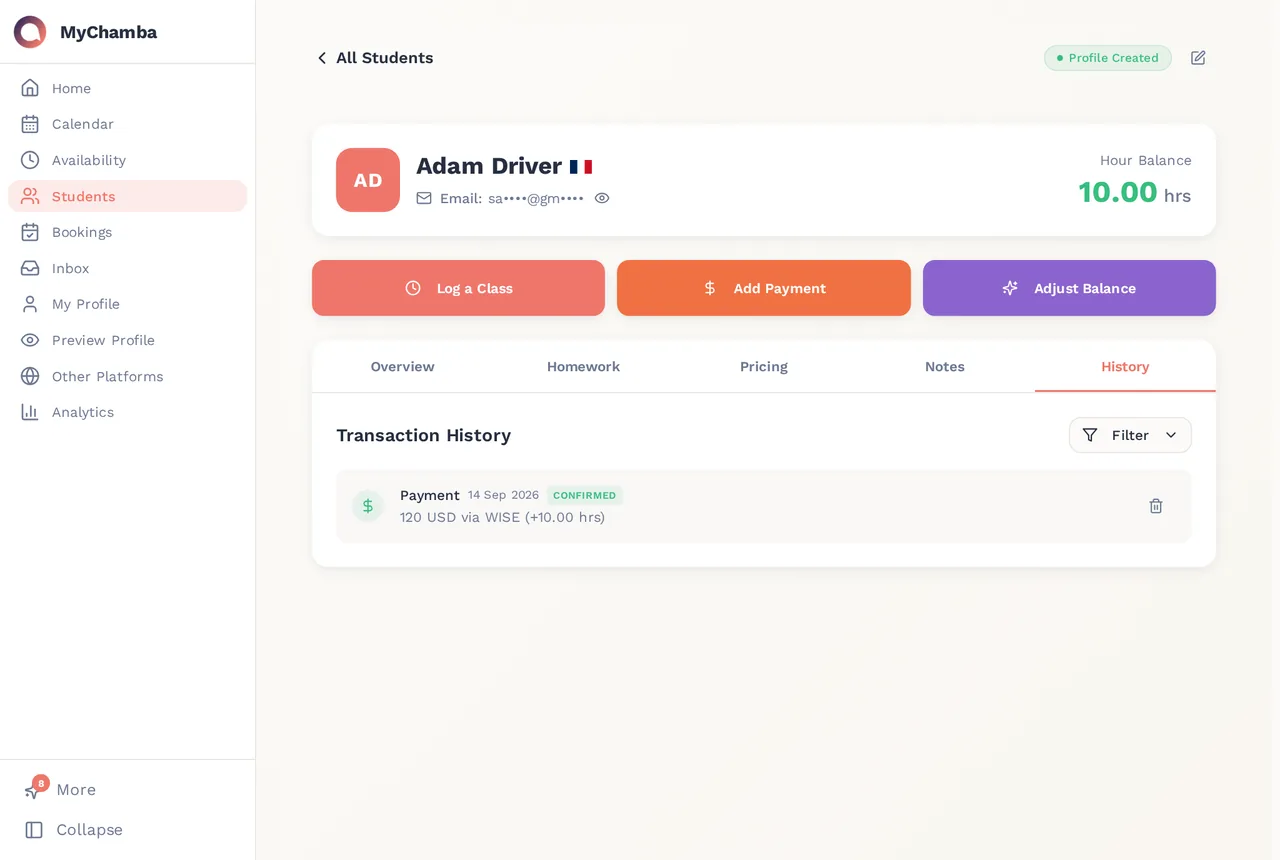 A student's transaction history in MyChamba: a payment of 120 dollars received through Wise, credited as 10 hours, with the resulting balance shown above it.